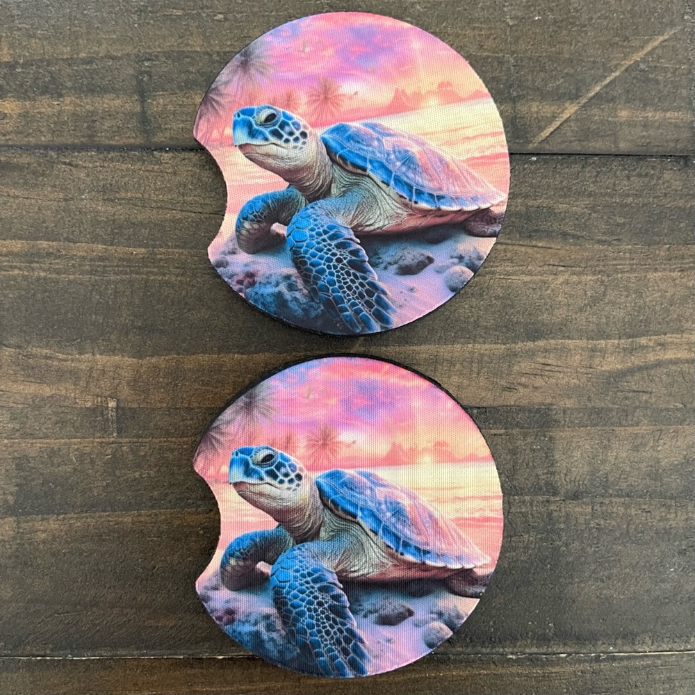 Sea Turtle Car Coasters with Pink & Orange Sunset-Set of 2